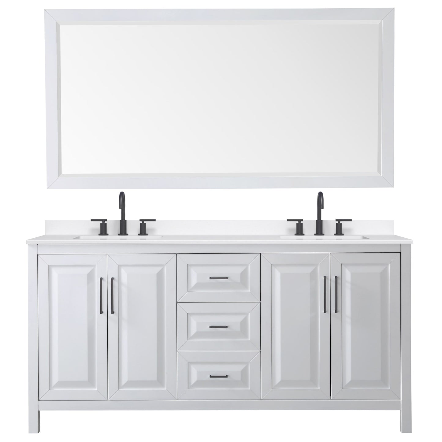 Wyndham Collection Daria 72" Double Bathroom Vanity in White, White Quartz Countertop, Undermount Square Sinks (3-Hole), Matte Black Trim, 70" Mirror