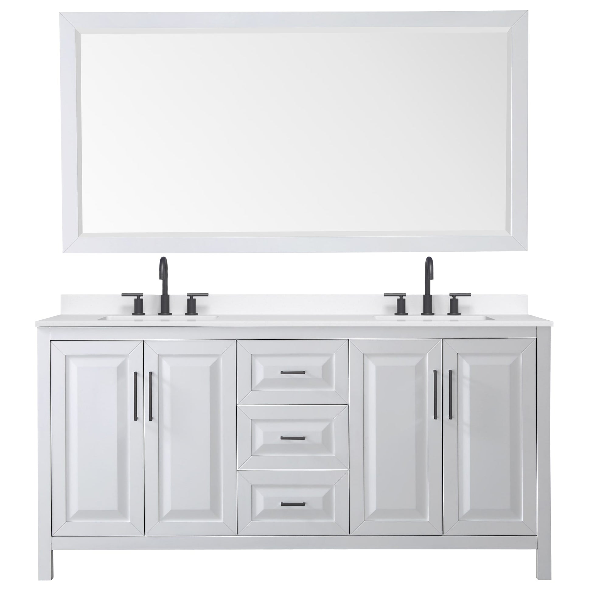 Wyndham Collection Daria 72" Double Bathroom Vanity in White, White Quartz Countertop, Undermount Square Sinks (3-Hole), Matte Black Trim, 70" Mirror