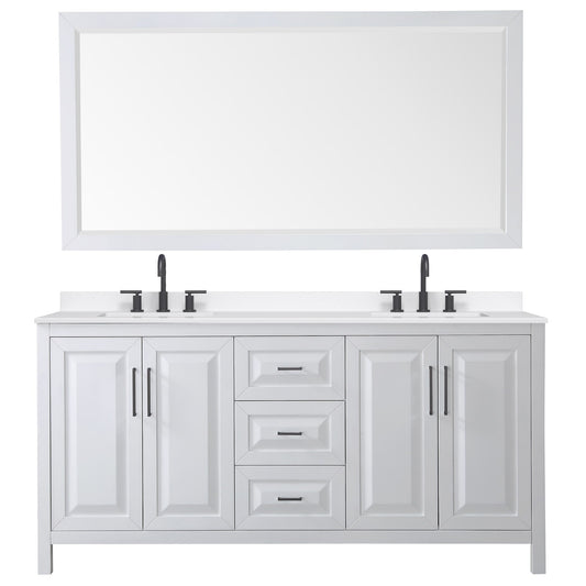 Wyndham Collection Daria 72" Double Bathroom Vanity in White, White Quartz Countertop, Undermount Square Sinks (3-Hole), Matte Black Trim, 70" Mirror