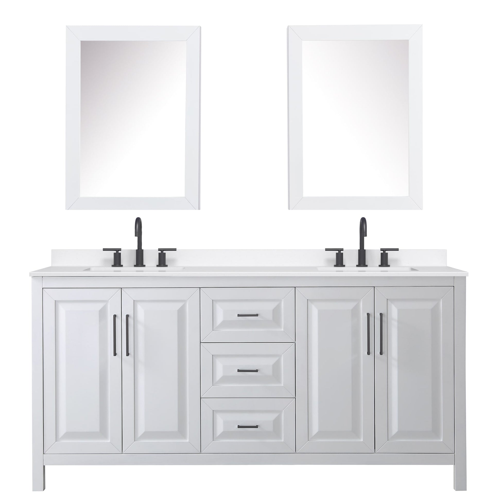 Wyndham Collection Daria 72" Double Bathroom Vanity in White, White Quartz Countertop, Undermount Square Sinks (3-Hole), Matte Black Trim, Medicine Cabinets