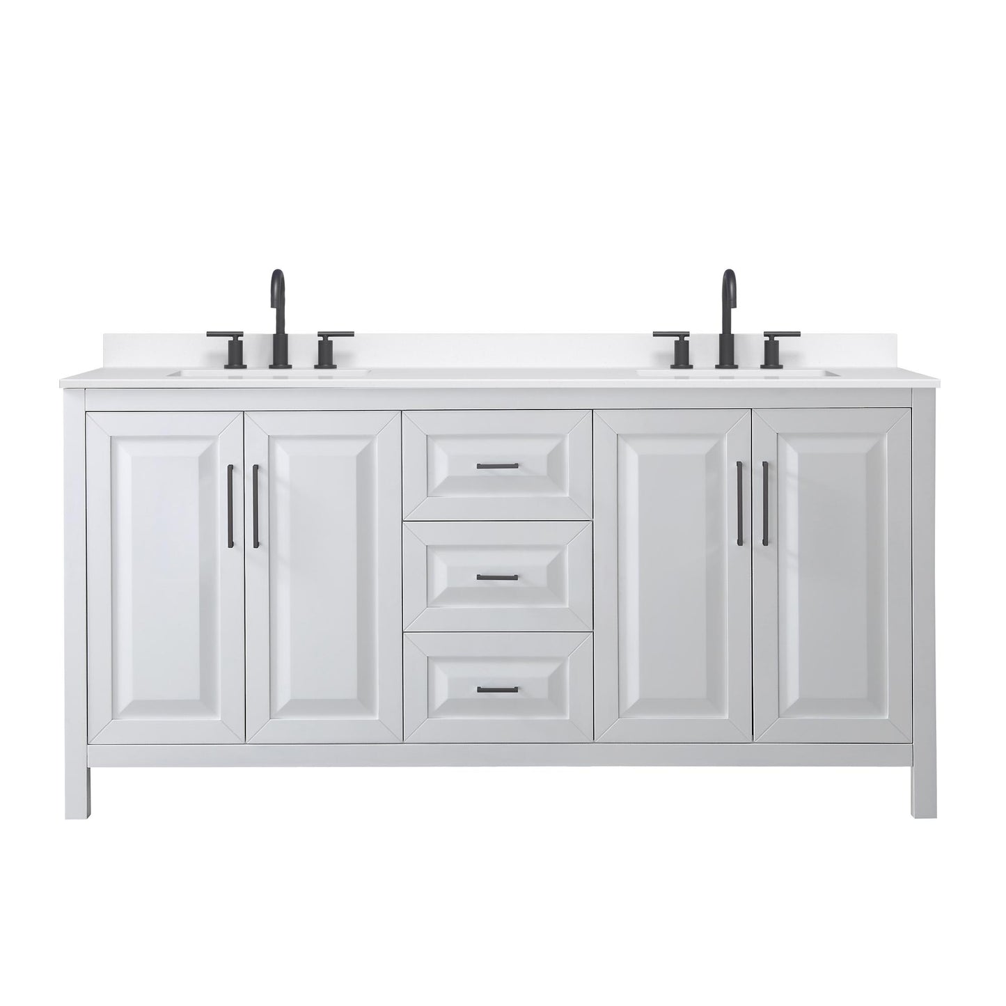 Wyndham Collection Daria 72" Double Bathroom Vanity in White, White Quartz Countertop, Undermount Square Sinks (3-Hole), Matte Black Trim