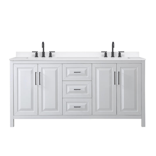 Wyndham Collection Daria 72" Double Bathroom Vanity in White, White Quartz Countertop, Undermount Square Sinks (3-Hole), Matte Black Trim