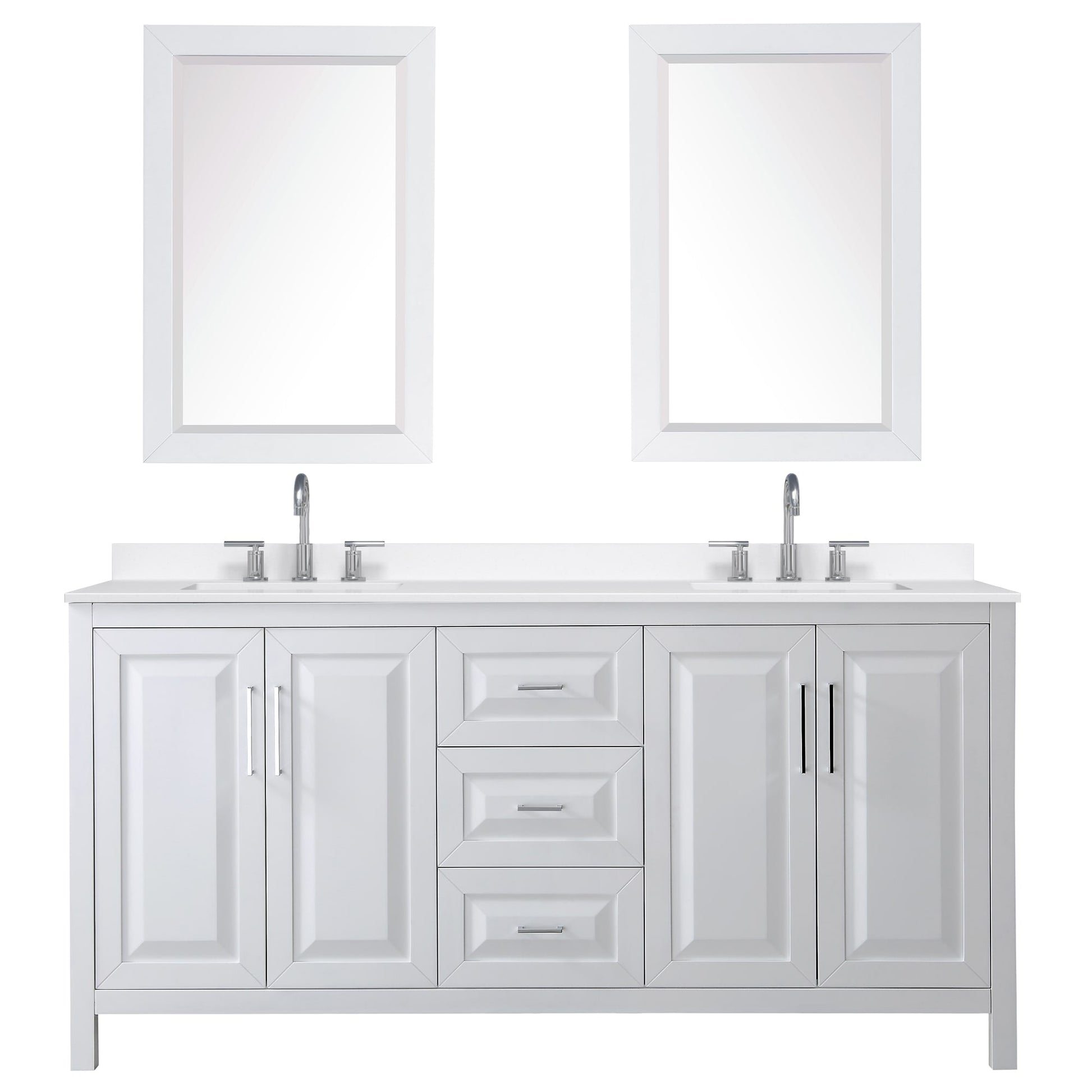 Wyndham Collection Daria 72" Double Bathroom Vanity in White, White Quartz Countertop, Undermount Square Sinks (3-Hole), Polished Chrome Trim, 24" Mirrors