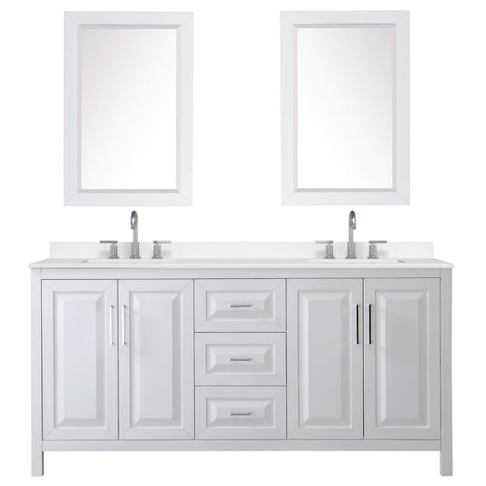 Wyndham Collection Daria 72" Double Bathroom Vanity in White, White Quartz Countertop, Undermount Square Sinks (3-Hole), Polished Chrome Trim, 24" Mirrors