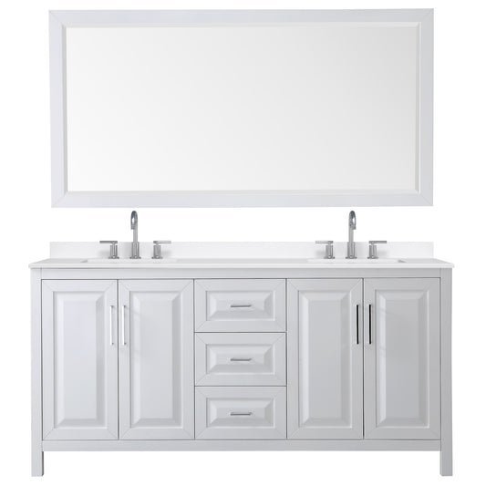 Wyndham Collection Daria 72" Double Bathroom Vanity in White, White Quartz Countertop, Undermount Square Sinks (3-Hole), Polished Chrome Trim, 70" Mirror