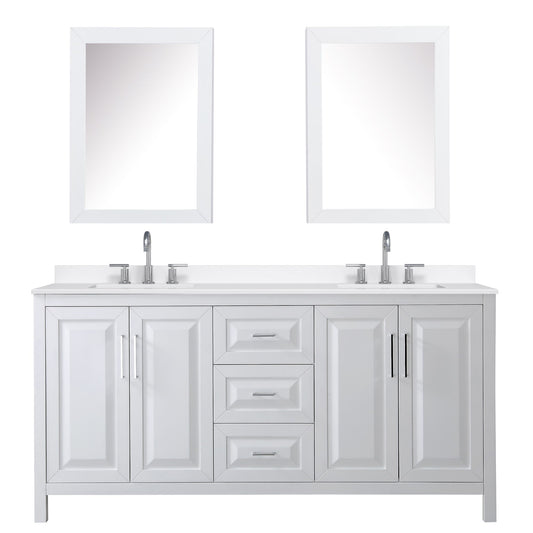Wyndham Collection Daria 72" Double Bathroom Vanity in White, White Quartz Countertop, Undermount Square Sinks (3-Hole), Polished Chrome Trim, Medicine Cabinets