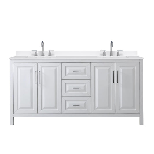 Wyndham Collection Daria 72" Double Bathroom Vanity in White, White Quartz Countertop, Undermount Square Sinks (3-Hole), Polished Chrome Trim
