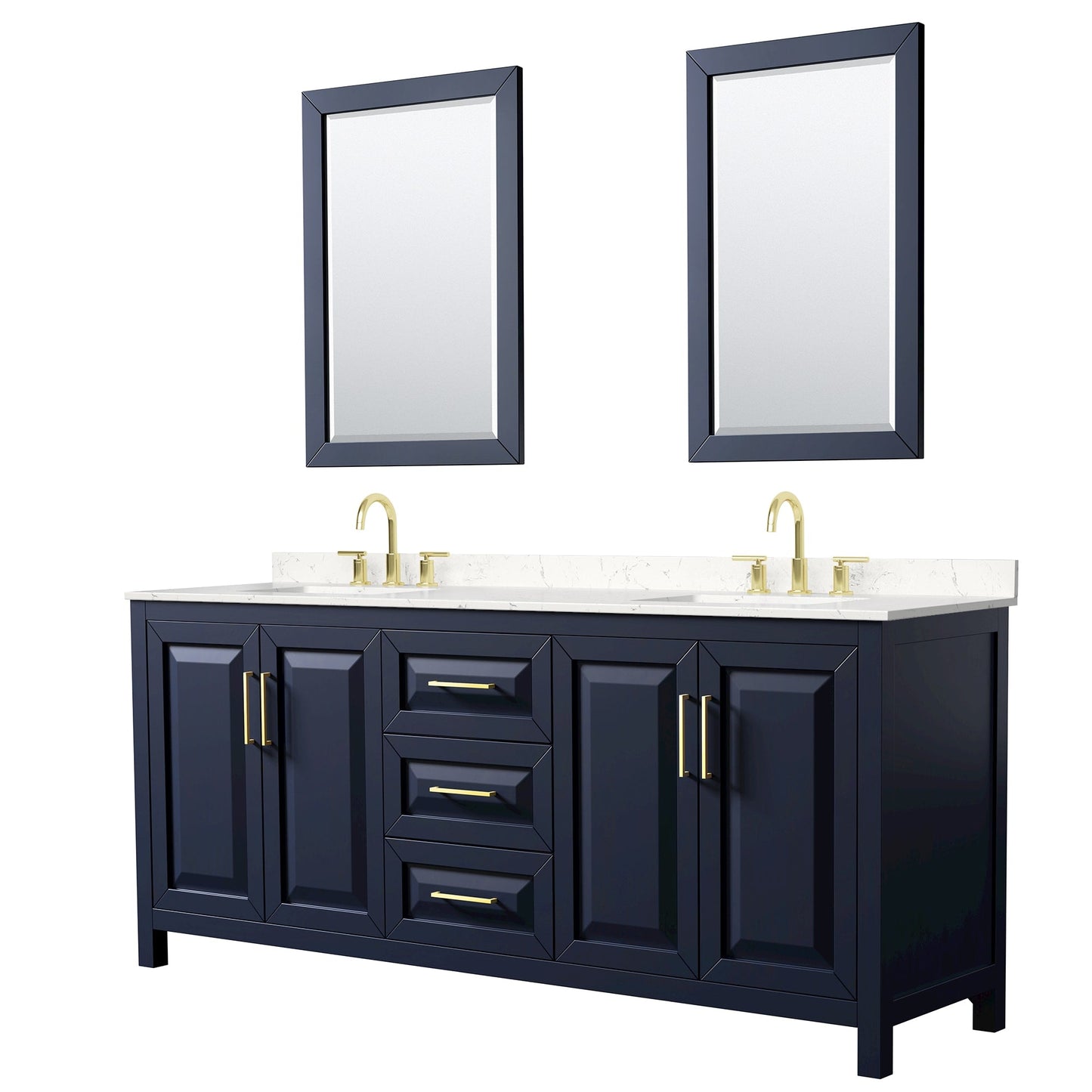 Wyndham Collection Daria 80" Double Bathroom Vanity in Dark Blue, Carrara Cultured Marble Countertop, Undermount Square Sinks (3-Hole), Brushed Gold Trim, 24" Mirrors