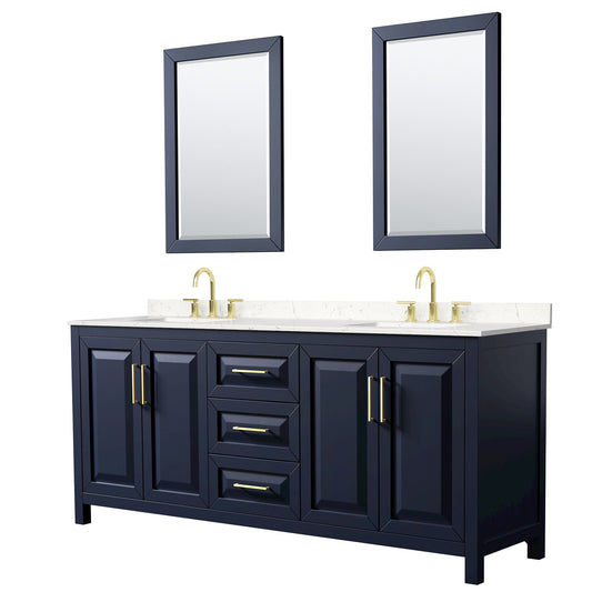 Wyndham Collection Daria 80" Double Bathroom Vanity in Dark Blue, Carrara Cultured Marble Countertop, Undermount Square Sinks (3-Hole), Brushed Gold Trim, 24" Mirrors