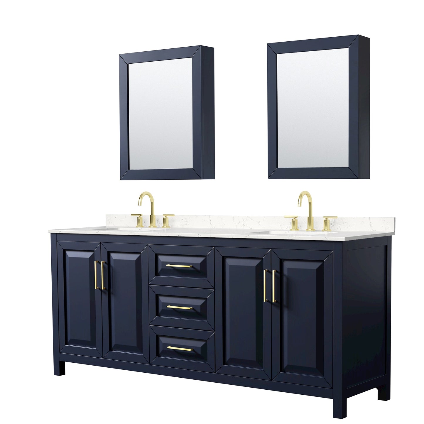 Wyndham Collection Daria 80" Double Bathroom Vanity in Dark Blue, Carrara Cultured Marble Countertop, Undermount Square Sinks (3-Hole), Brushed Gold Trim, Medicine Cabinets