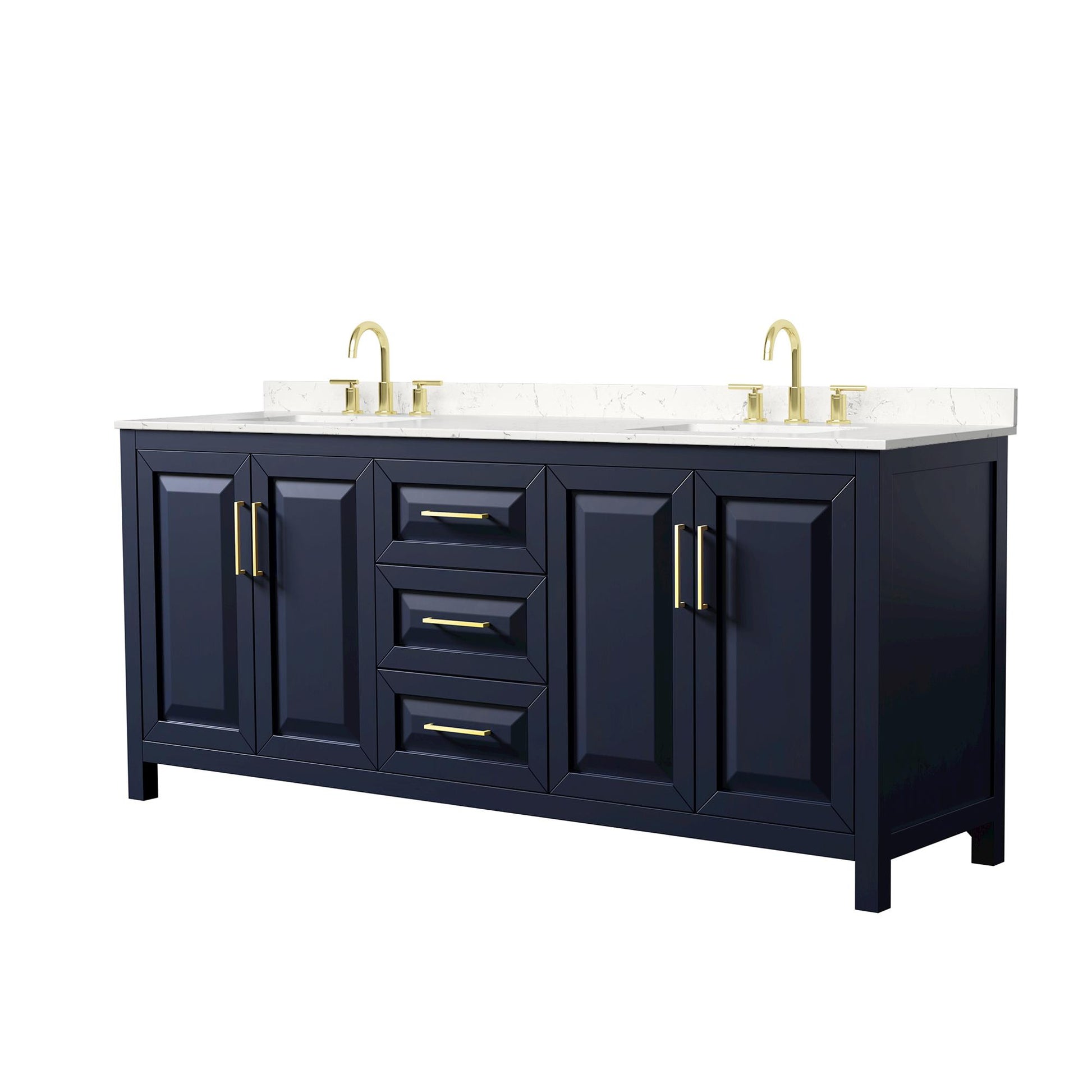 Wyndham Collection Daria 80" Double Bathroom Vanity in Dark Blue, Carrara Cultured Marble Countertop, Undermount Square Sinks (3-Hole), Brushed Gold Trim