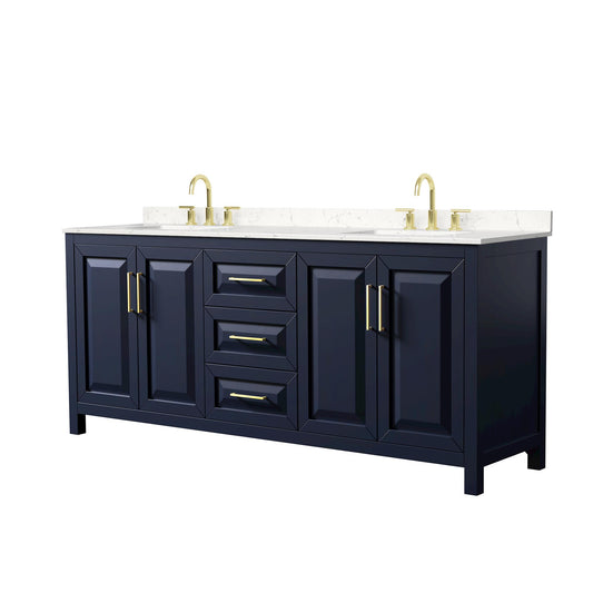 Wyndham Collection Daria 80" Double Bathroom Vanity in Dark Blue, Carrara Cultured Marble Countertop, Undermount Square Sinks (3-Hole), Brushed Gold Trim