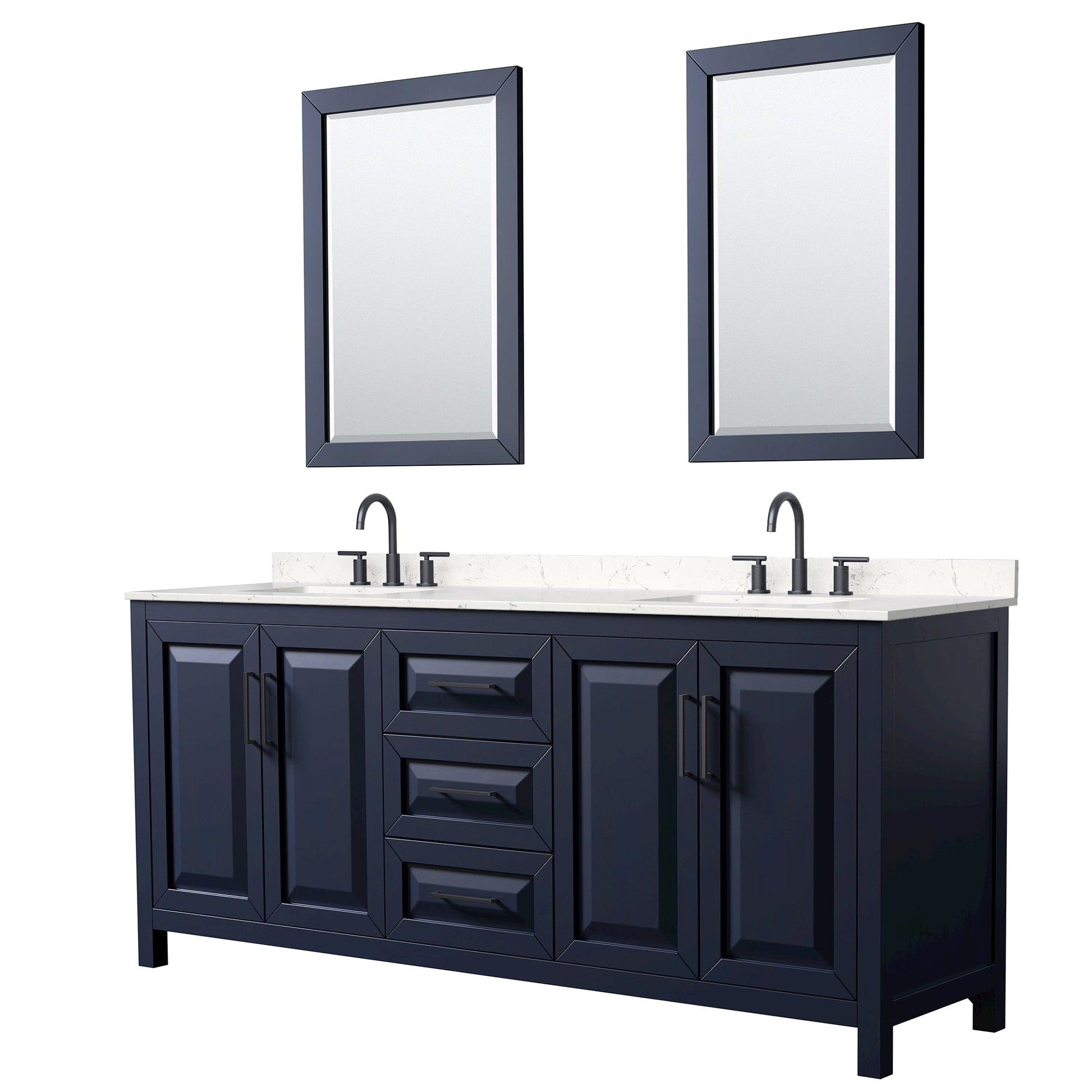 Wyndham Collection Daria 80" Double Bathroom Vanity in Dark Blue, Carrara Cultured Marble Countertop, Undermount Square Sinks (3-Hole), Matte Black Trim, 24" Mirrors