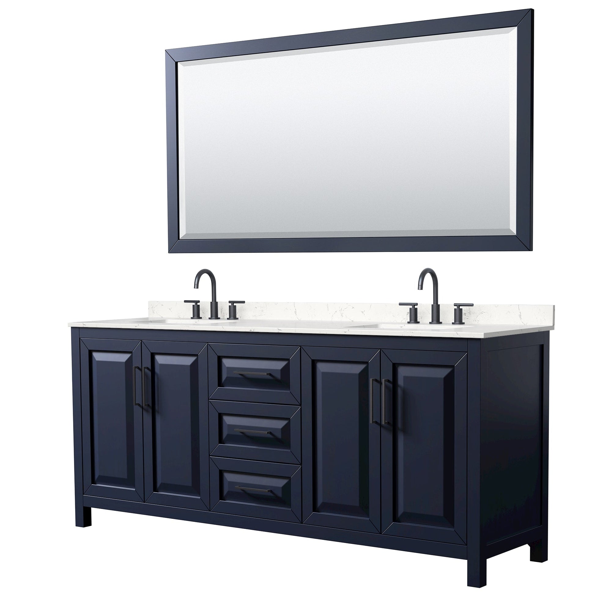 Wyndham Collection Daria 80" Double Bathroom Vanity in Dark Blue, Carrara Cultured Marble Countertop, Undermount Square Sinks (3-Hole), Matte Black Trim, 70" Mirror