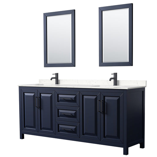 Wyndham Collection Daria 80" Double Bathroom Vanity in Dark Blue, Carrara Cultured Marble Countertop, Undermount Square Sinks, Matte Black Trim, 24" Mirrors