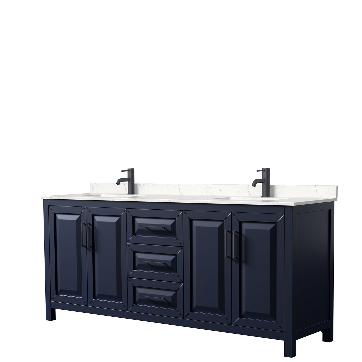 Wyndham Collection Daria 80" Double Bathroom Vanity in Dark Blue, Carrara Cultured Marble Countertop, Undermount Square Sinks, Matte Black Trim