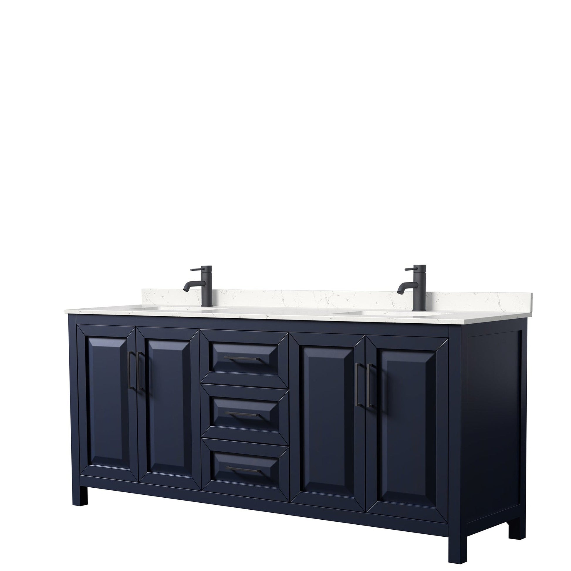 Wyndham Collection Daria 80" Double Bathroom Vanity in Dark Blue, Carrara Cultured Marble Countertop, Undermount Square Sinks, Matte Black Trim