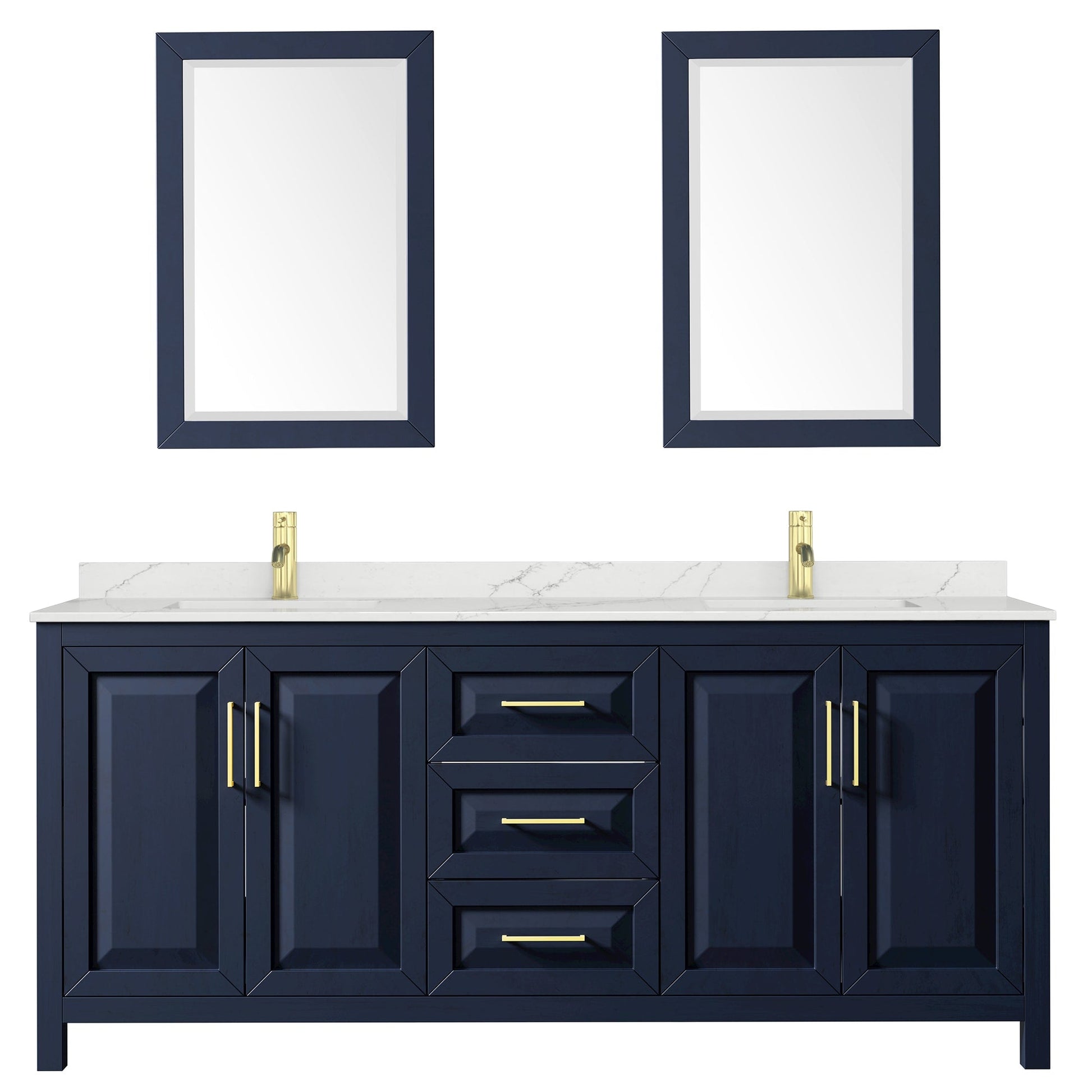 Wyndham Collection Daria 80" Double Bathroom Vanity in Dark Blue, Giotto Quartz Countertop, Undermount Square Sinks (1-Hole), Brushed Gold Trim, 24" Mirrors