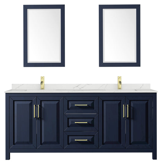 Wyndham Collection Daria 80" Double Bathroom Vanity in Dark Blue, Giotto Quartz Countertop, Undermount Square Sinks (1-Hole), Brushed Gold Trim, 24" Mirrors