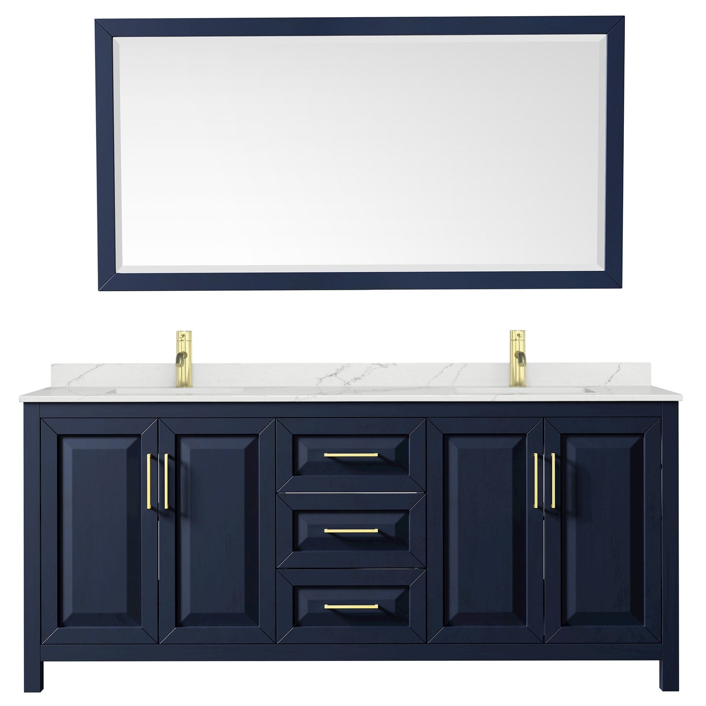 Wyndham Collection Daria 80" Double Bathroom Vanity in Dark Blue, Giotto Quartz Countertop, Undermount Square Sinks (1-Hole), Brushed Gold Trim, 70" Mirror