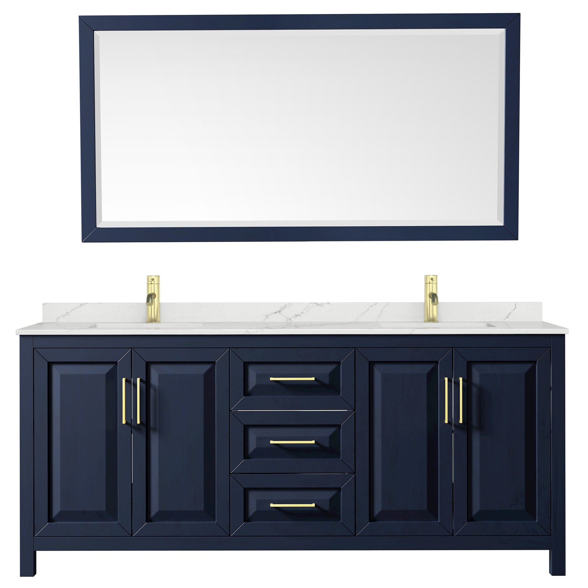 Wyndham Collection Daria 80" Double Bathroom Vanity in Dark Blue, Giotto Quartz Countertop, Undermount Square Sinks (1-Hole), Brushed Gold Trim, 70" Mirror