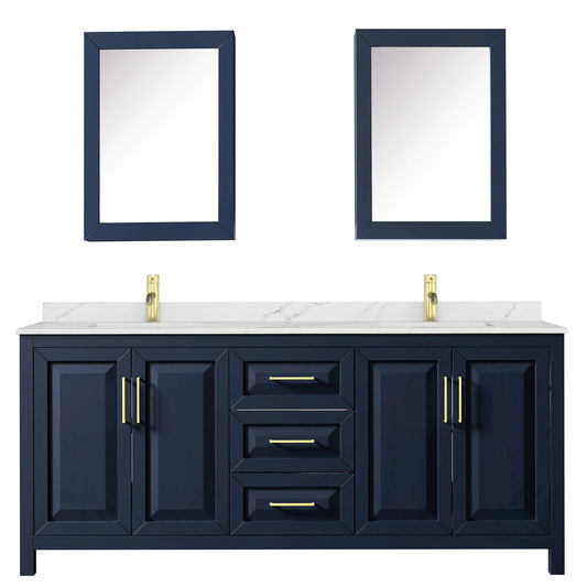 Wyndham Collection Daria 80" Double Bathroom Vanity in Dark Blue, Giotto Quartz Countertop, Undermount Square Sinks (1-Hole), Brushed Gold Trim, Medicine Cabinets