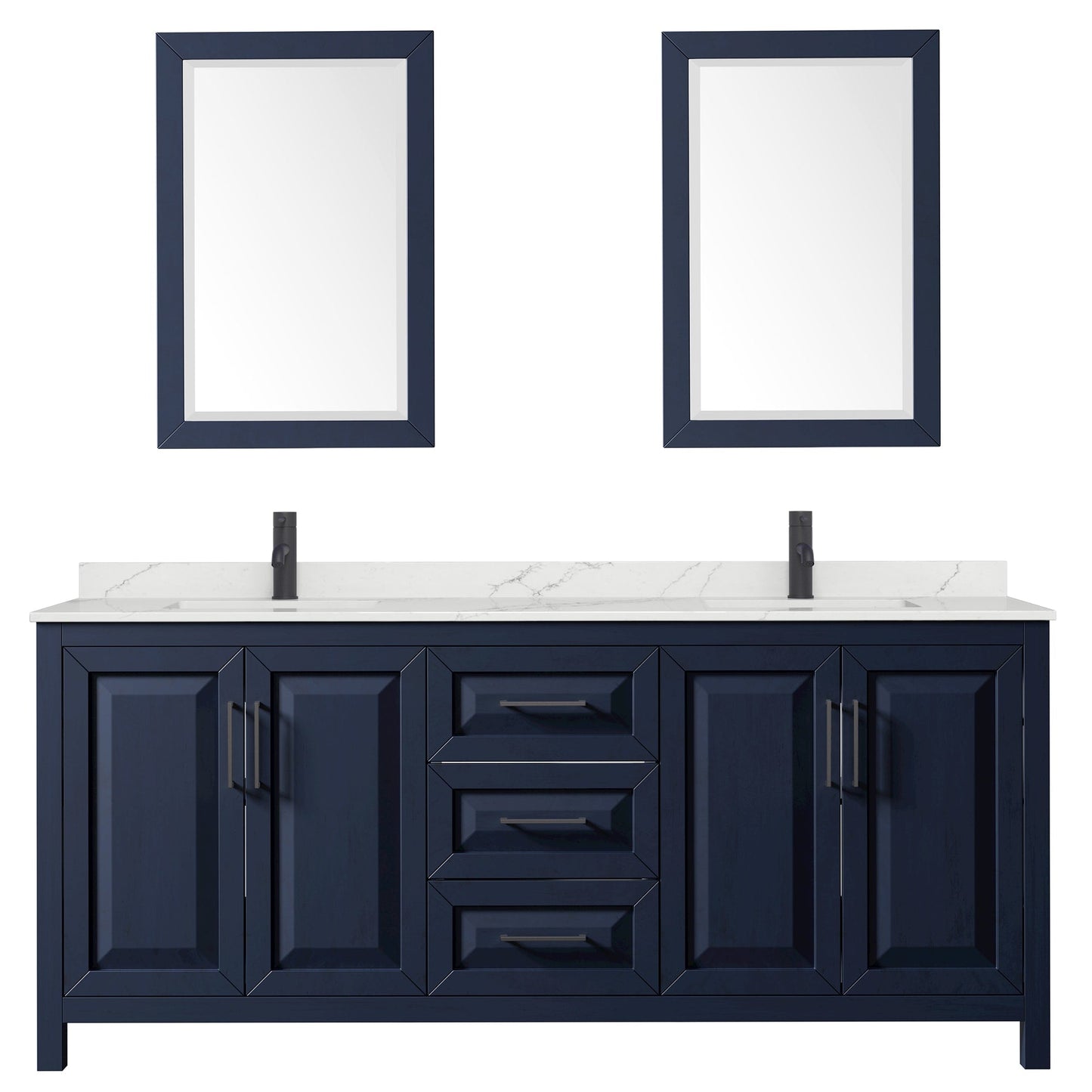 Wyndham Collection Daria 80" Double Bathroom Vanity in Dark Blue, Giotto Quartz Countertop, Undermount Square Sinks (1-Hole), Matte Black Trim, 24" Mirrors