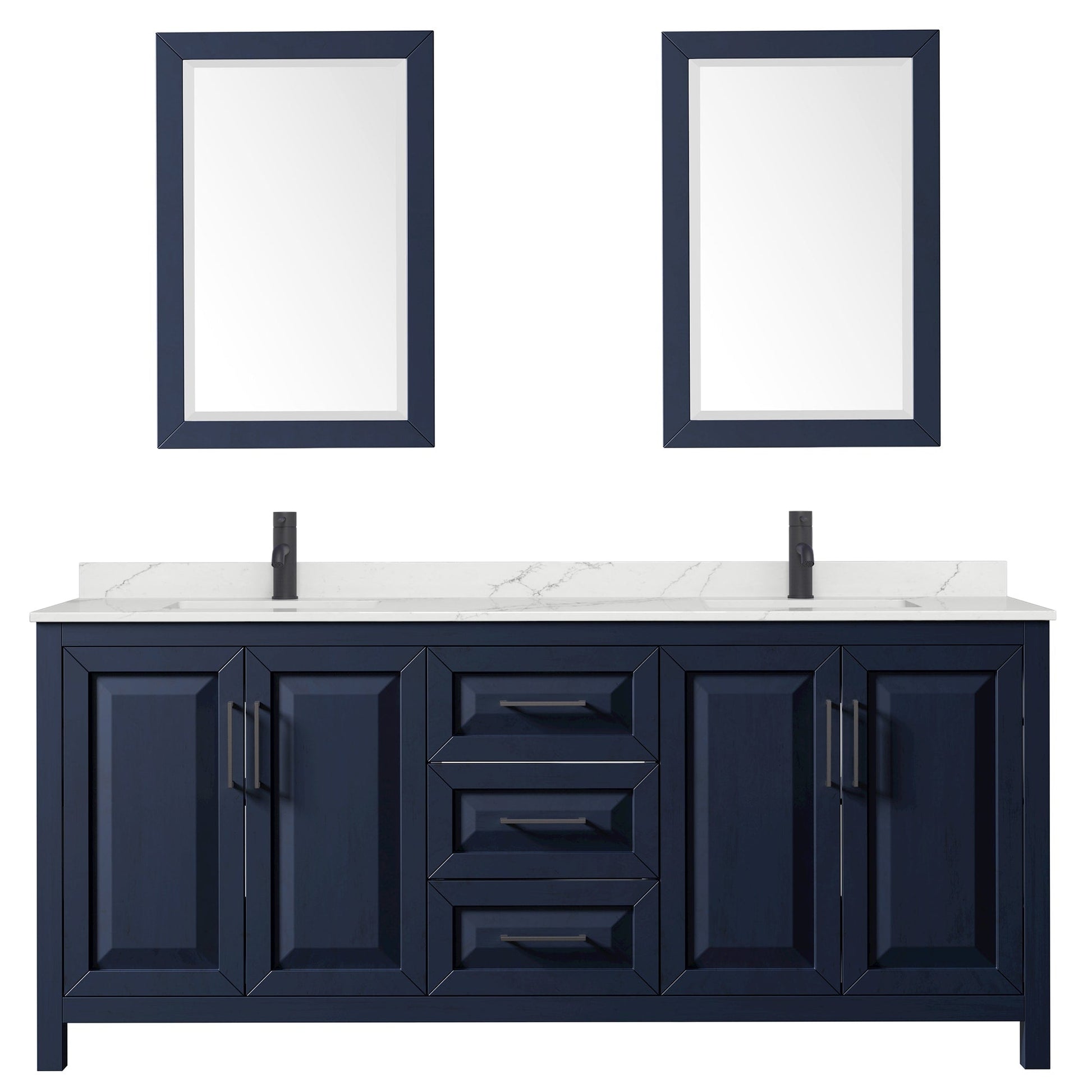 Wyndham Collection Daria 80" Double Bathroom Vanity in Dark Blue, Giotto Quartz Countertop, Undermount Square Sinks (1-Hole), Matte Black Trim, 24" Mirrors