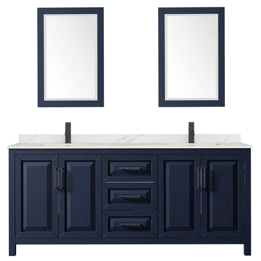 Wyndham Collection Daria 80" Double Bathroom Vanity in Dark Blue, Giotto Quartz Countertop, Undermount Square Sinks (1-Hole), Matte Black Trim, 24" Mirrors