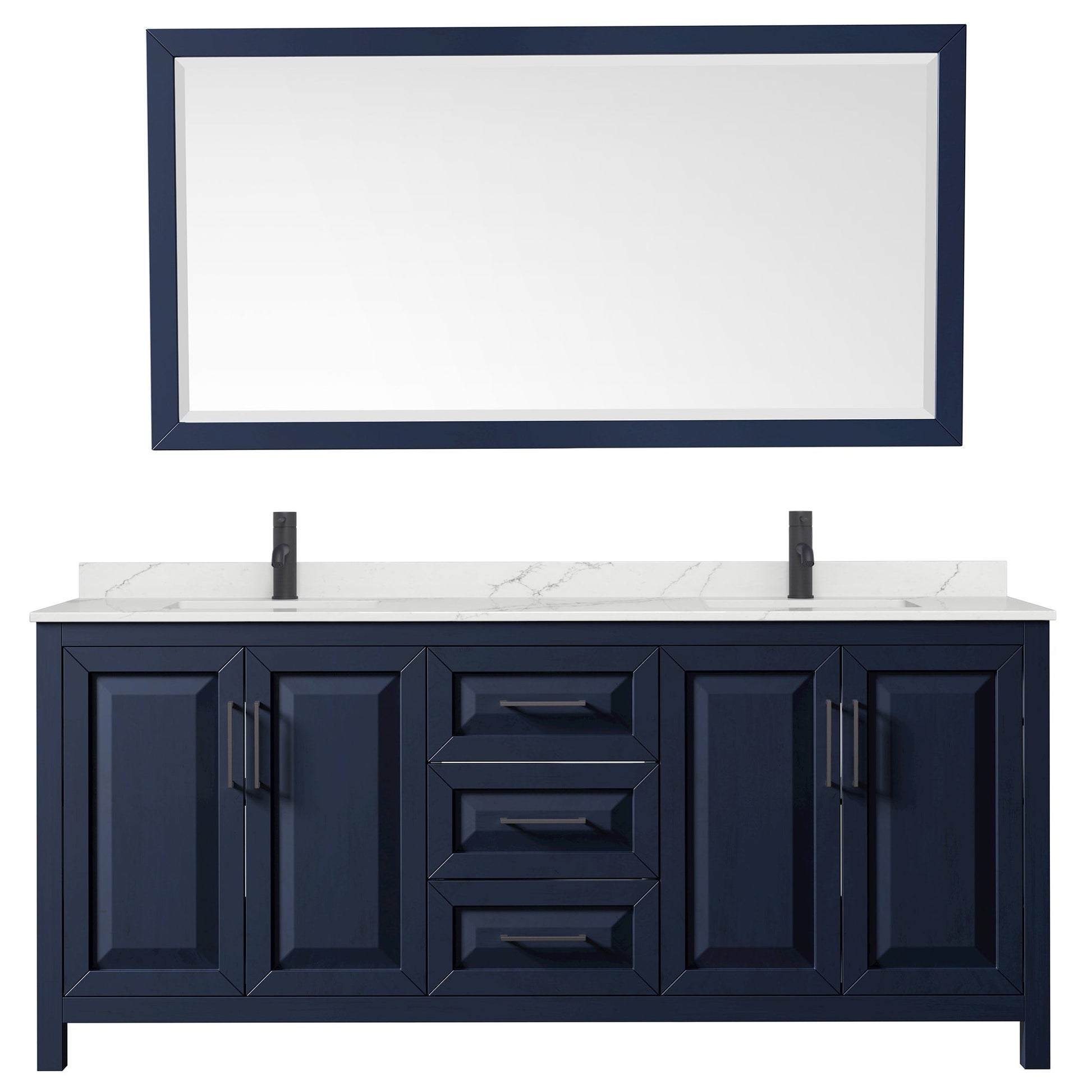 Wyndham Collection Daria 80" Double Bathroom Vanity in Dark Blue, Giotto Quartz Countertop, Undermount Square Sinks (1-Hole), Matte Black Trim, 70" Mirror