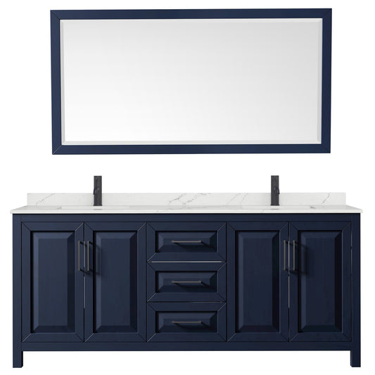 Wyndham Collection Daria 80" Double Bathroom Vanity in Dark Blue, Giotto Quartz Countertop, Undermount Square Sinks (1-Hole), Matte Black Trim, 70" Mirror
