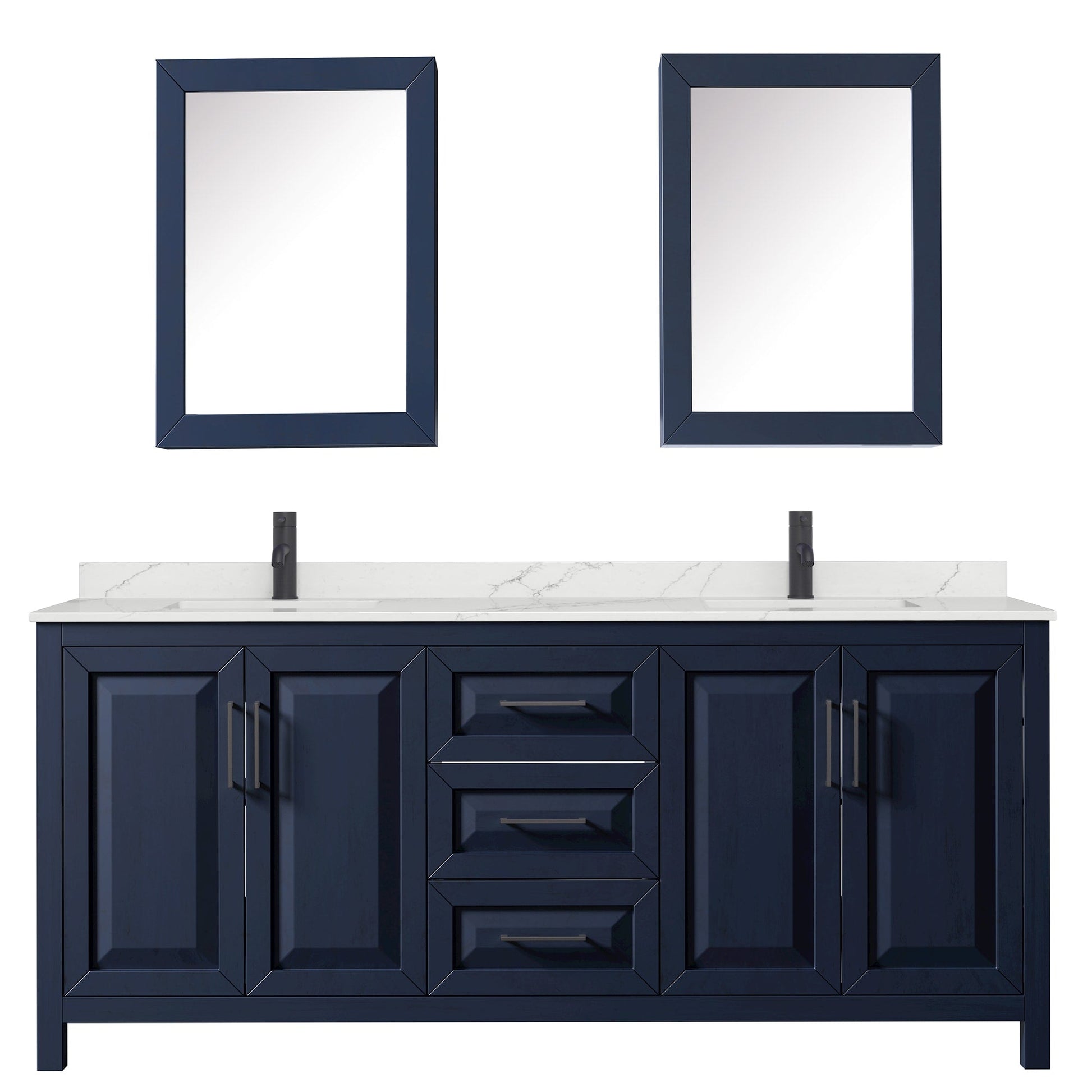Wyndham Collection Daria 80" Double Bathroom Vanity in Dark Blue, Giotto Quartz Countertop, Undermount Square Sinks (1-Hole), Matte Black Trim, Medicine Cabinets