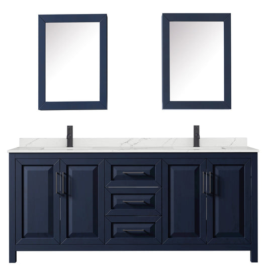 Wyndham Collection Daria 80" Double Bathroom Vanity in Dark Blue, Giotto Quartz Countertop, Undermount Square Sinks (1-Hole), Matte Black Trim, Medicine Cabinets