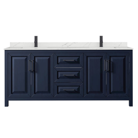 Wyndham Collection Daria 80" Double Bathroom Vanity in Dark Blue, Giotto Quartz Countertop, Undermount Square Sinks (1-Hole), Matte Black Trim