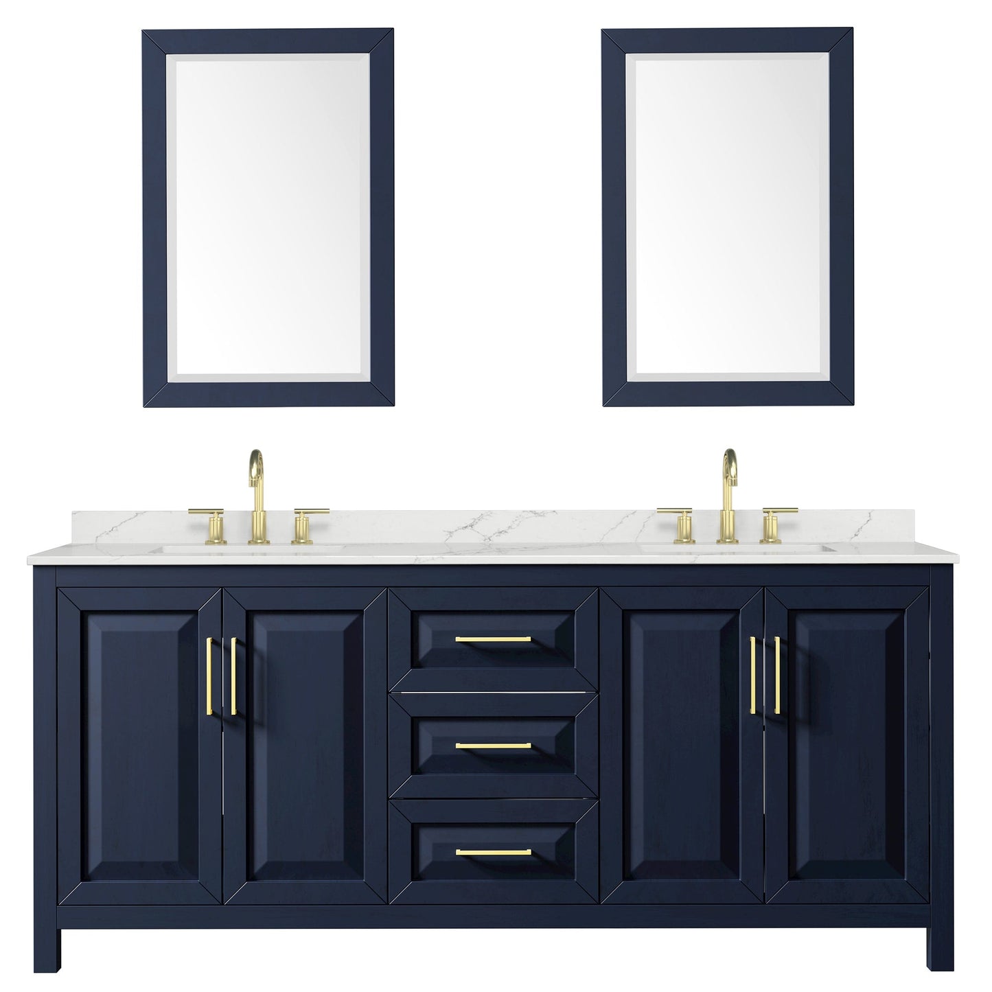 Wyndham Collection Daria 80" Double Bathroom Vanity in Dark Blue, Giotto Quartz Countertop, Undermount Square Sinks (3-Hole), Brushed Gold Trim, 24" Mirrors