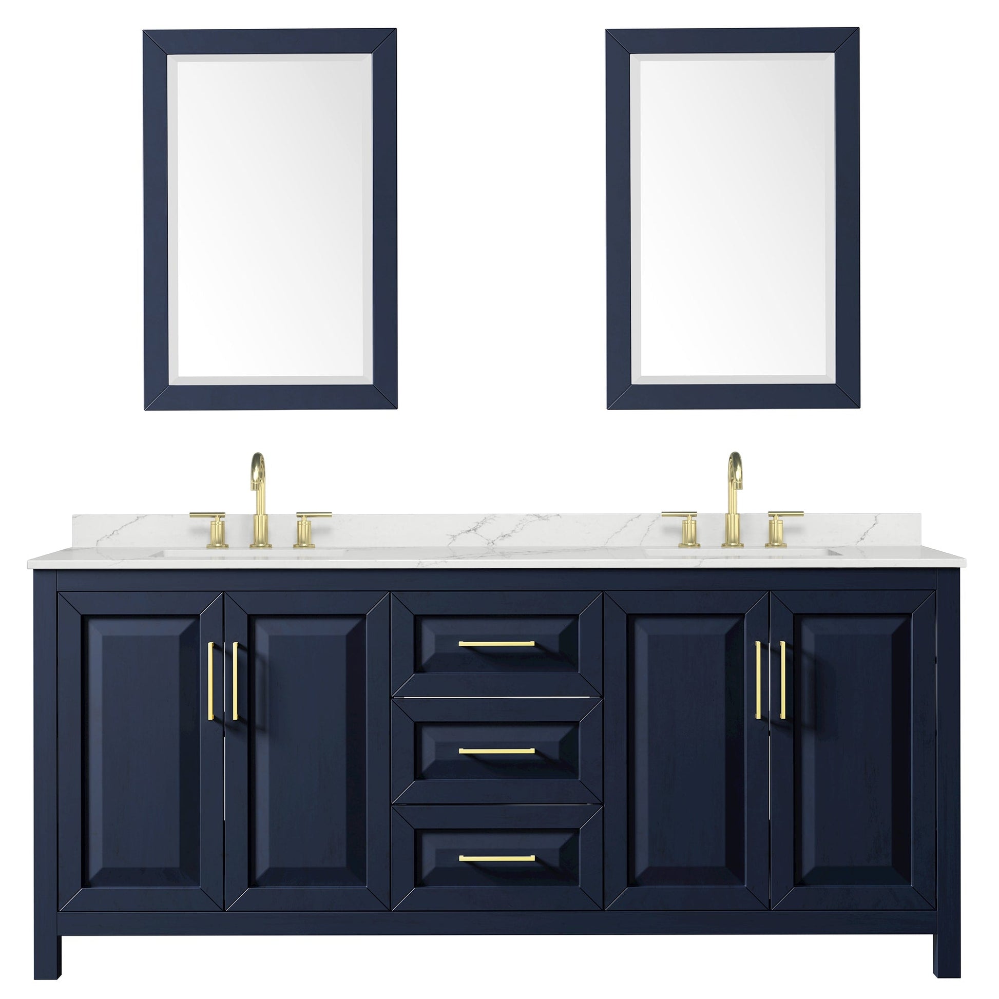 Wyndham Collection Daria 80" Double Bathroom Vanity in Dark Blue, Giotto Quartz Countertop, Undermount Square Sinks (3-Hole), Brushed Gold Trim, 24" Mirrors