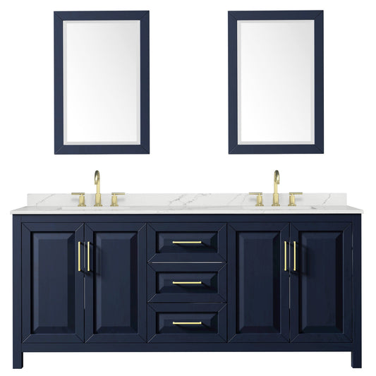 Wyndham Collection Daria 80" Double Bathroom Vanity in Dark Blue, Giotto Quartz Countertop, Undermount Square Sinks (3-Hole), Brushed Gold Trim, 24" Mirrors