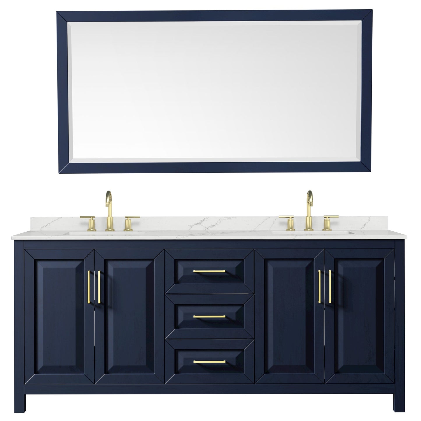 Wyndham Collection Daria 80" Double Bathroom Vanity in Dark Blue, Giotto Quartz Countertop, Undermount Square Sinks (3-Hole), Brushed Gold Trim, 70" Mirror