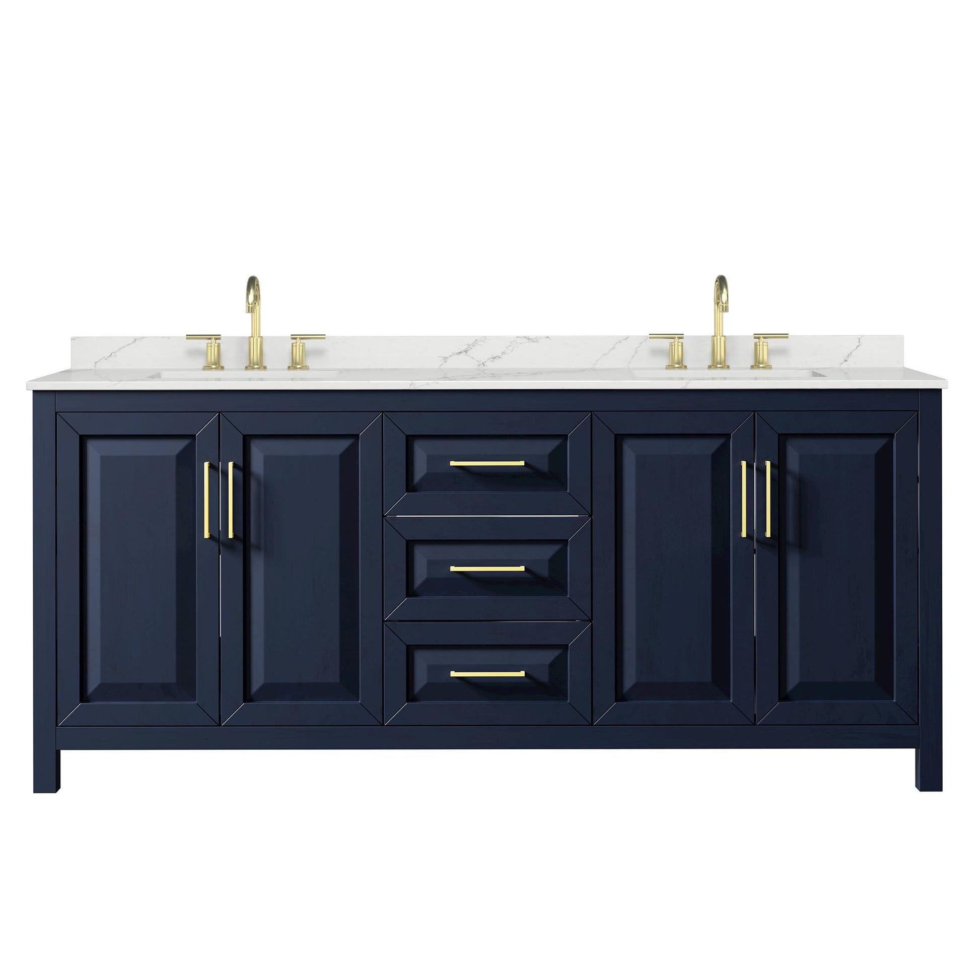 Wyndham Collection Daria 80" Double Bathroom Vanity in Dark Blue, Giotto Quartz Countertop, Undermount Square Sinks (3-Hole), Brushed Gold Trim