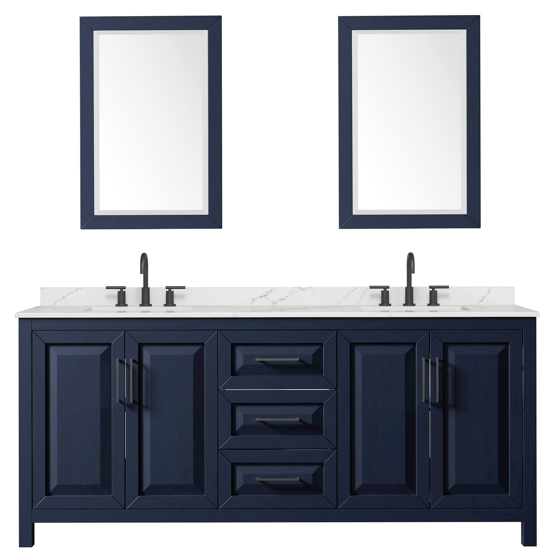 Wyndham Collection Daria 80" Double Bathroom Vanity in Dark Blue, Giotto Quartz Countertop, Undermount Square Sinks (3-Hole), Matte Black Trim, 24" Mirrors