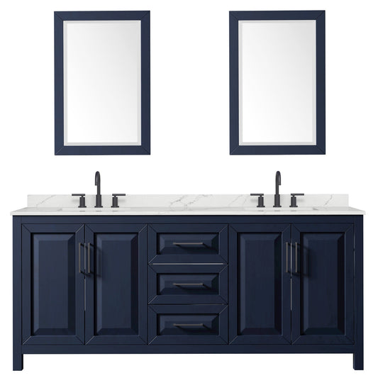 Wyndham Collection Daria 80" Double Bathroom Vanity in Dark Blue, Giotto Quartz Countertop, Undermount Square Sinks (3-Hole), Matte Black Trim, 24" Mirrors