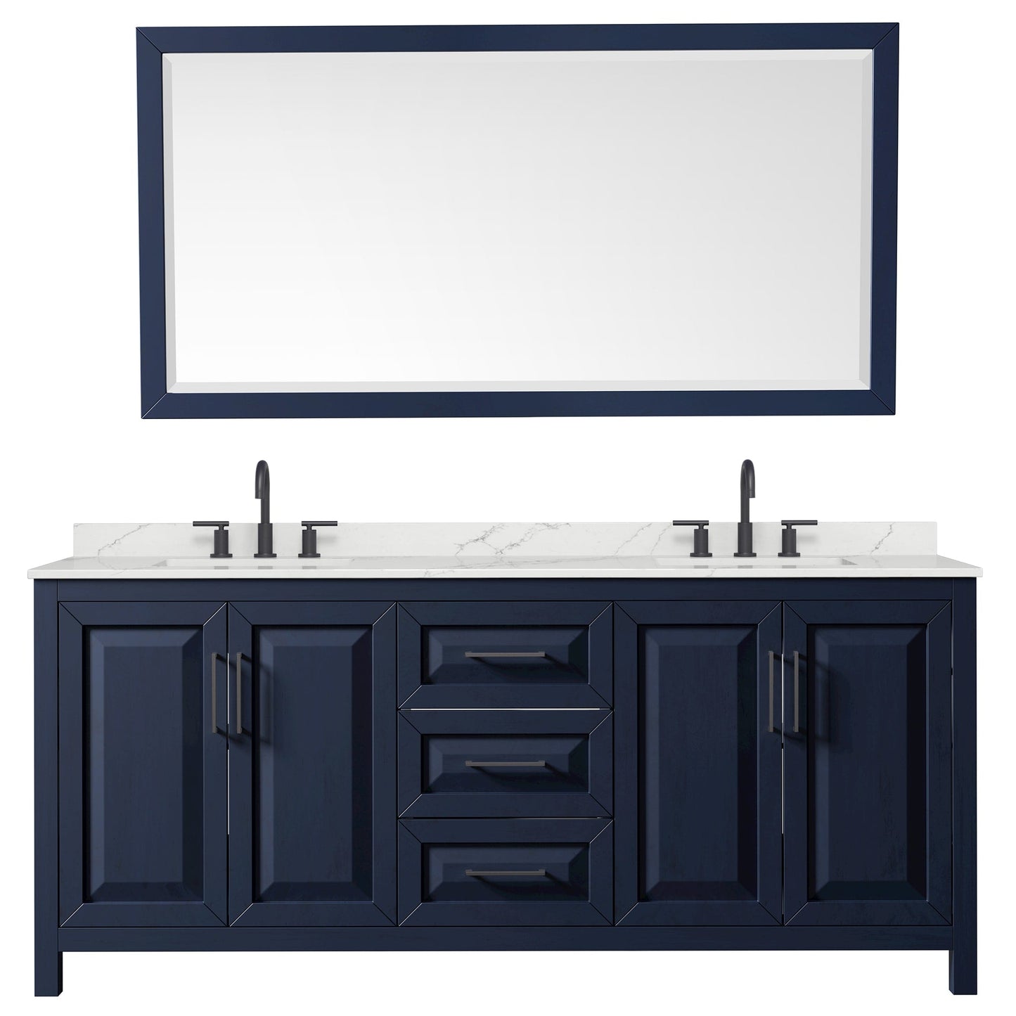 Wyndham Collection Daria 80" Double Bathroom Vanity in Dark Blue, Giotto Quartz Countertop, Undermount Square Sinks (3-Hole), Matte Black Trim, 70" Mirror