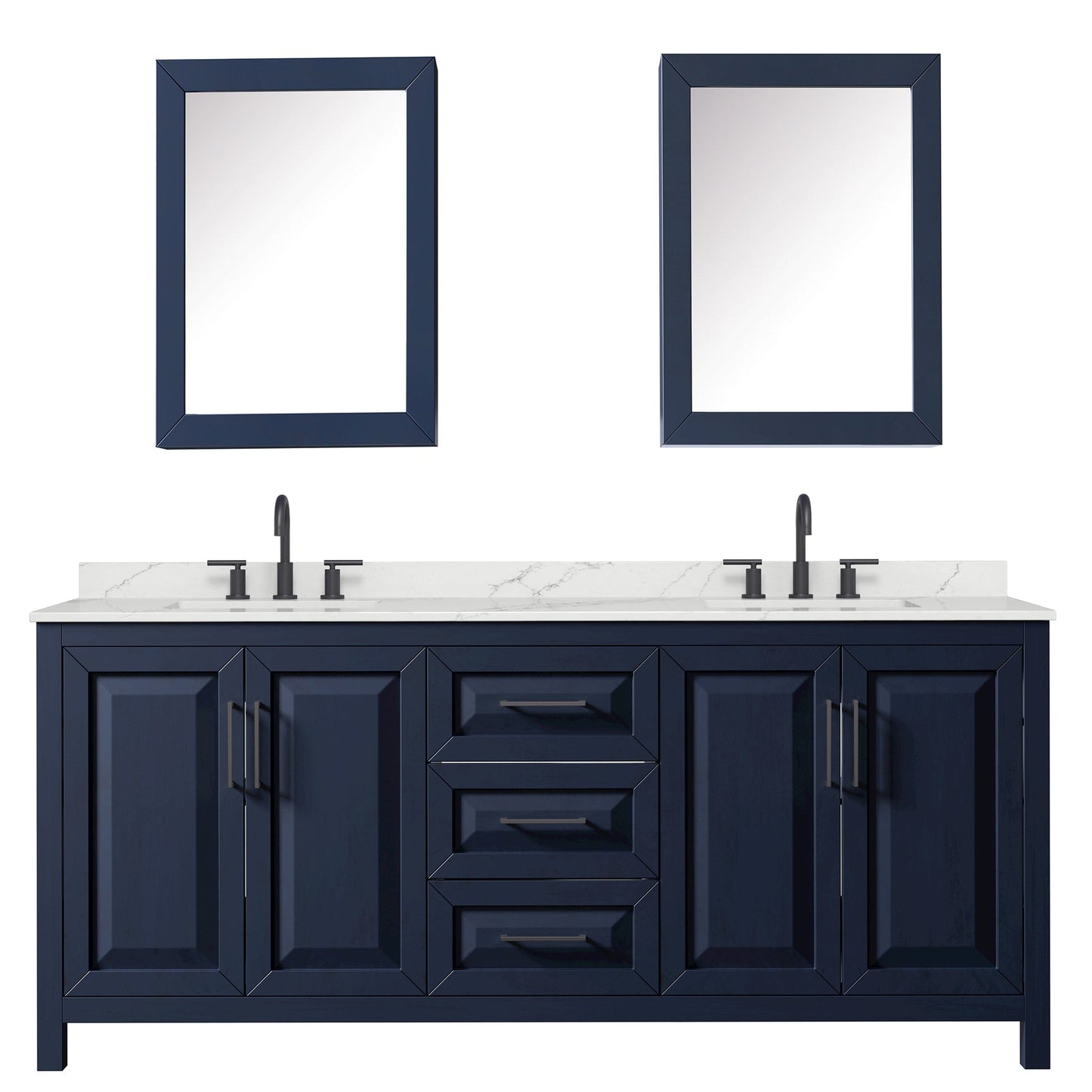 Wyndham Collection Daria 80" Double Bathroom Vanity in Dark Blue, Giotto Quartz Countertop, Undermount Square Sinks (3-Hole), Matte Black Trim, Medicine Cabinets