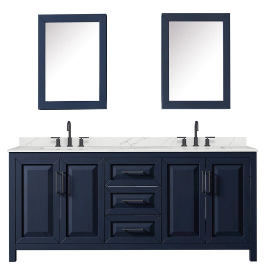 Wyndham Collection Daria 80" Double Bathroom Vanity in Dark Blue, Giotto Quartz Countertop, Undermount Square Sinks (3-Hole), Matte Black Trim, Medicine Cabinets