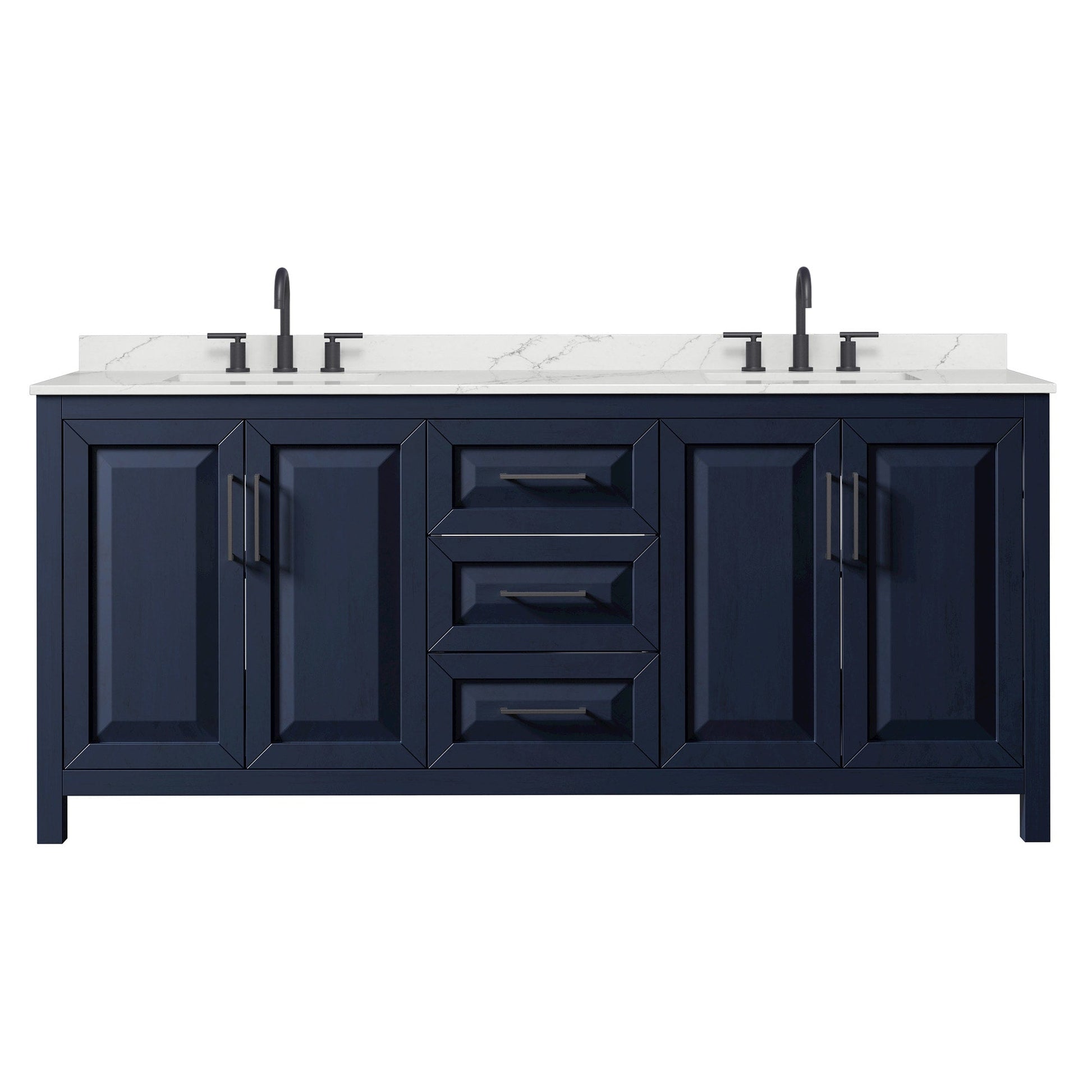 Wyndham Collection Daria 80" Double Bathroom Vanity in Dark Blue, Giotto Quartz Countertop, Undermount Square Sinks (3-Hole), Matte Black Trim