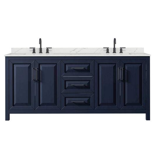 Wyndham Collection Daria 80" Double Bathroom Vanity in Dark Blue, Giotto Quartz Countertop, Undermount Square Sinks (3-Hole), Matte Black Trim