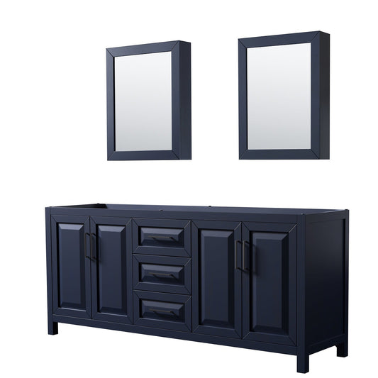 Wyndham Collection Daria 80" Double Bathroom Vanity in Dark Blue, No Countertop, No Sink, Matte Black Trim, Medicine Cabinets