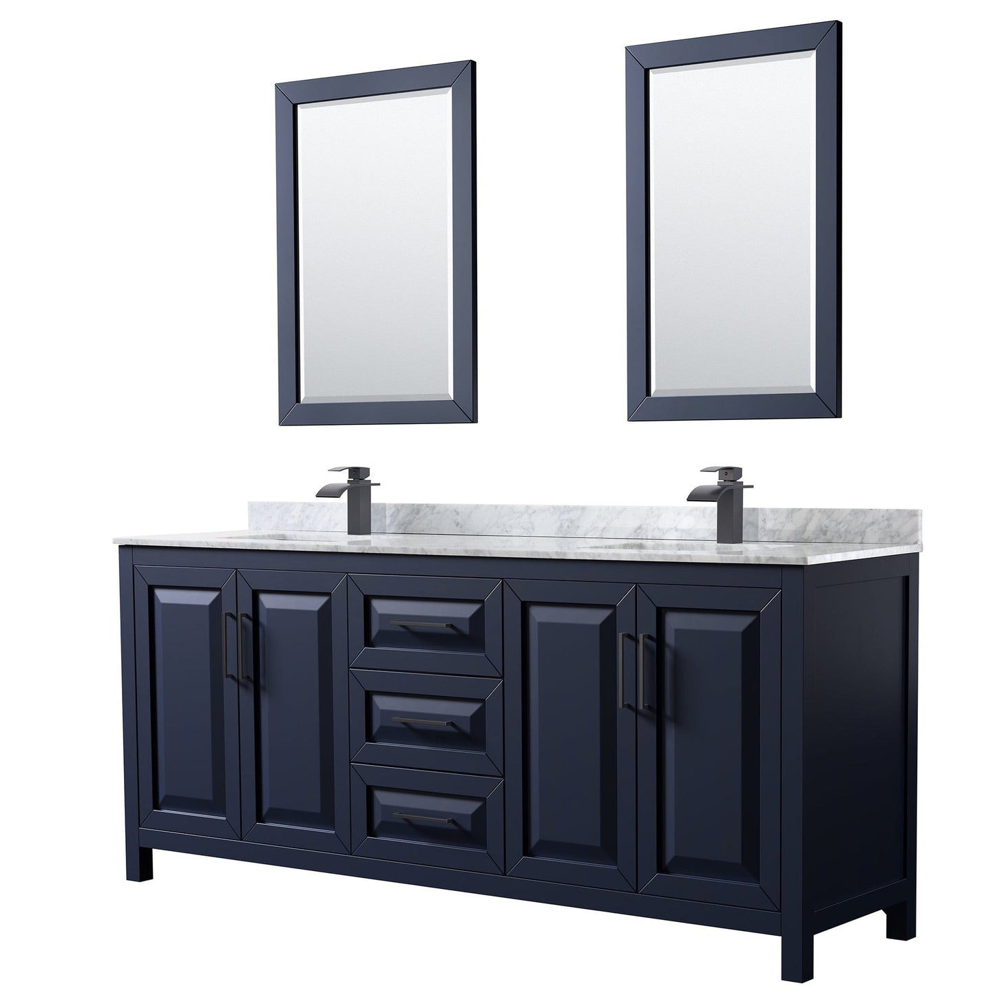Wyndham Collection Daria 80" Double Bathroom Vanity in Dark Blue, White Carrara Marble Countertop, Undermount Square Sinks, Matte Black Trim, 24" Mirrors