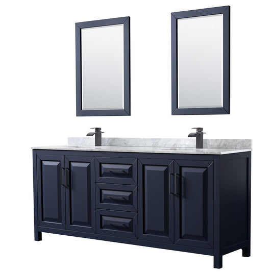Wyndham Collection Daria 80" Double Bathroom Vanity in Dark Blue, White Carrara Marble Countertop, Undermount Square Sinks, Matte Black Trim, 24" Mirrors