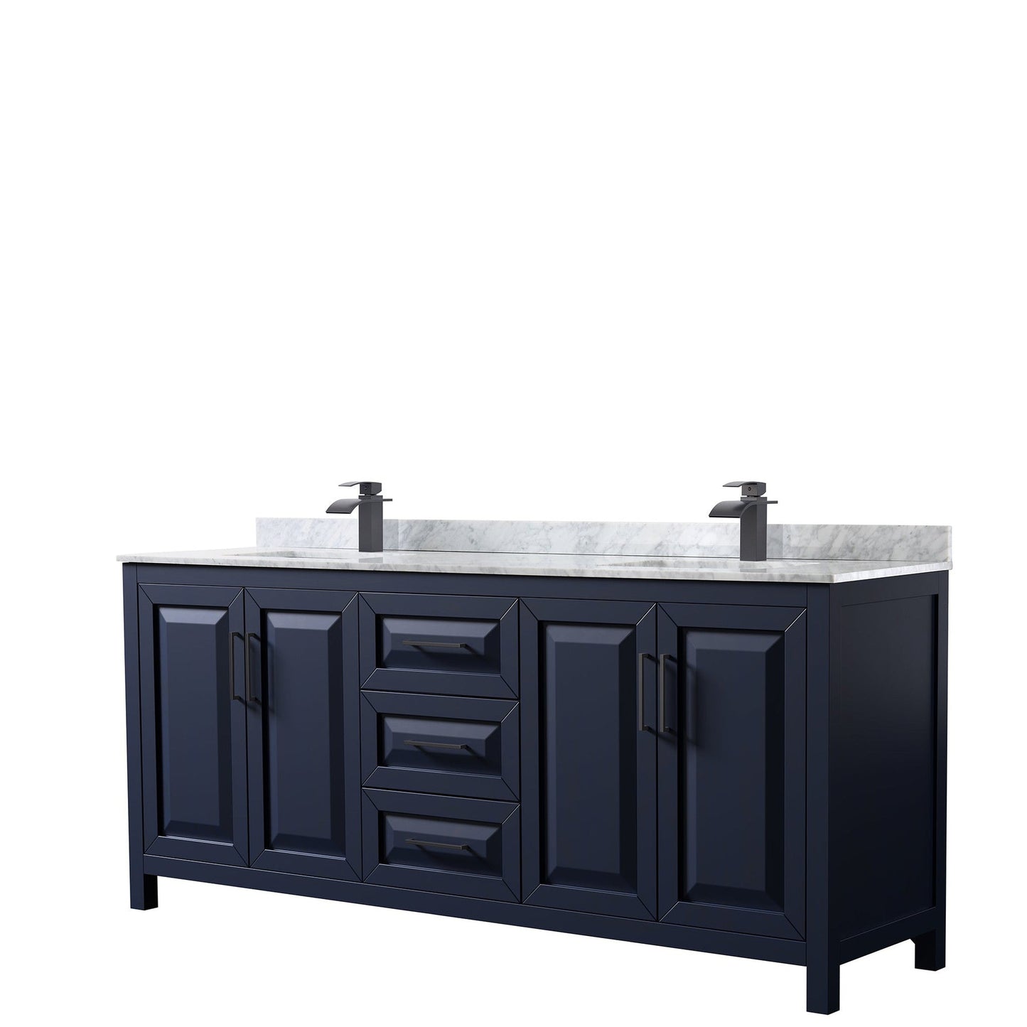 Wyndham Collection Daria 80" Double Bathroom Vanity in Dark Blue, White Carrara Marble Countertop, Undermount Square Sinks, Matte Black Trim